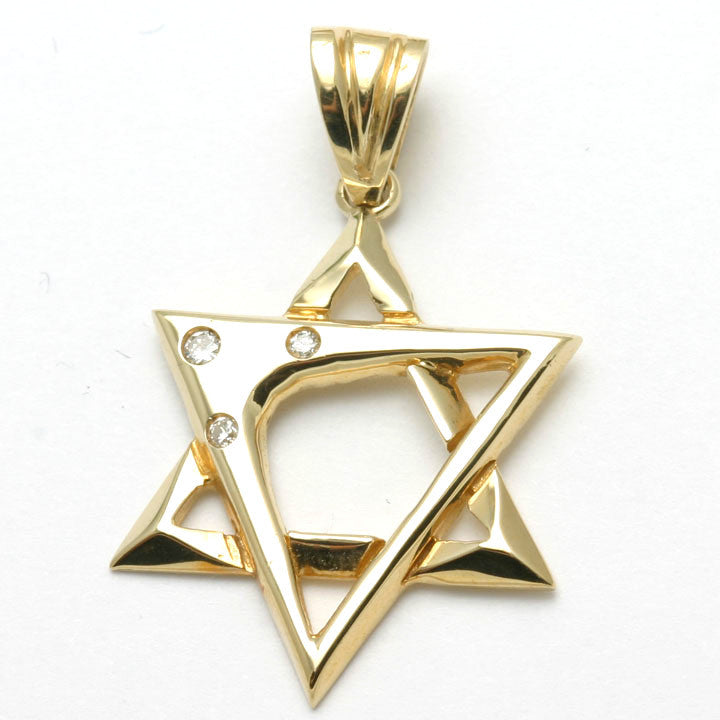 14k Yellow gold Modern Jewish Star of David Diamond Pendant Large - JewelryJudaica