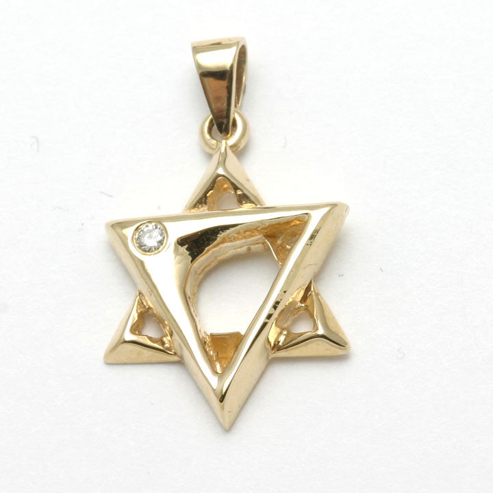 14k Yellow Gold Jewish Star of David Pendant Diamond Small Modern - JewelryJudaica