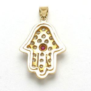 14k Yellow & White gold Hamsa Pendant Diamond Ruby - JewelryJudaica