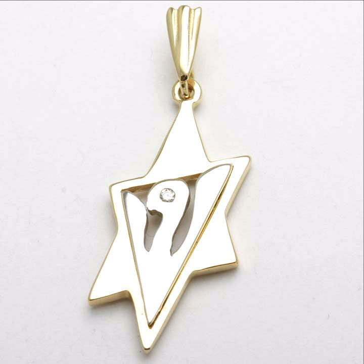 14k Yellow & White gold Diamond Jewish Star of David Pendant Dove - JewelryJudaica
