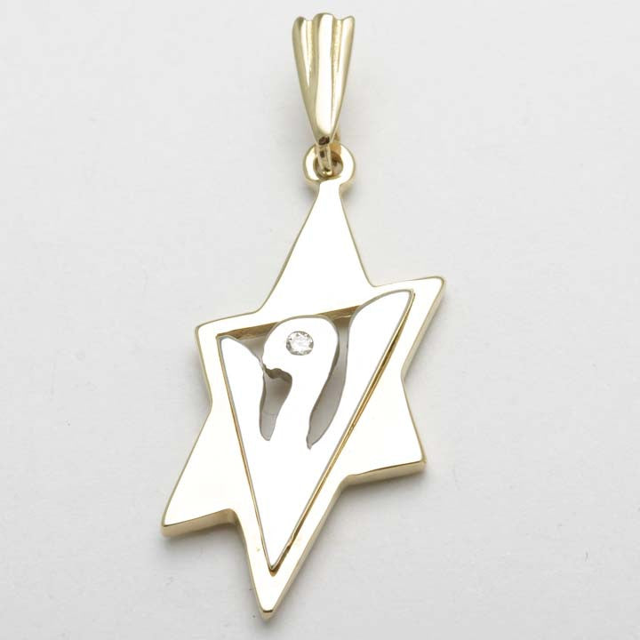 14k Yellow & White gold Diamond Jewish Star of David Pendant Dove - JewelryJudaica