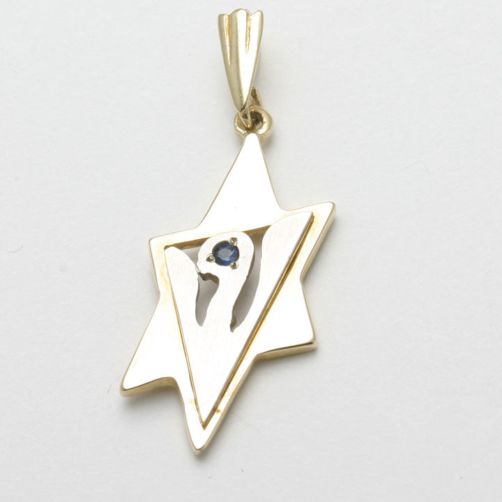 14k Yellow & White Gold Sapphire Jewish Star of David Pendant Dove - JewelryJudaica