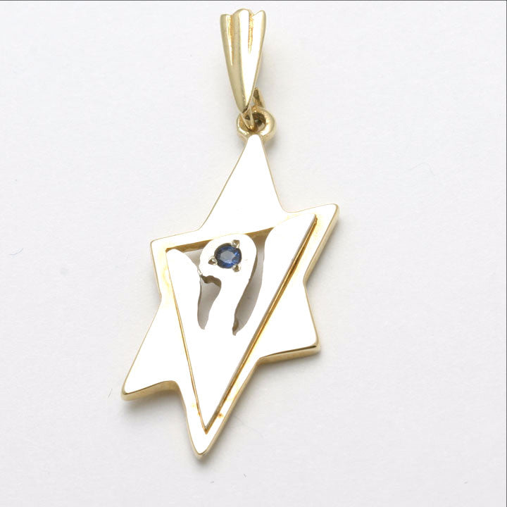 14k Yellow & White Gold Sapphire Jewish Star of David Pendant Dove - JewelryJudaica