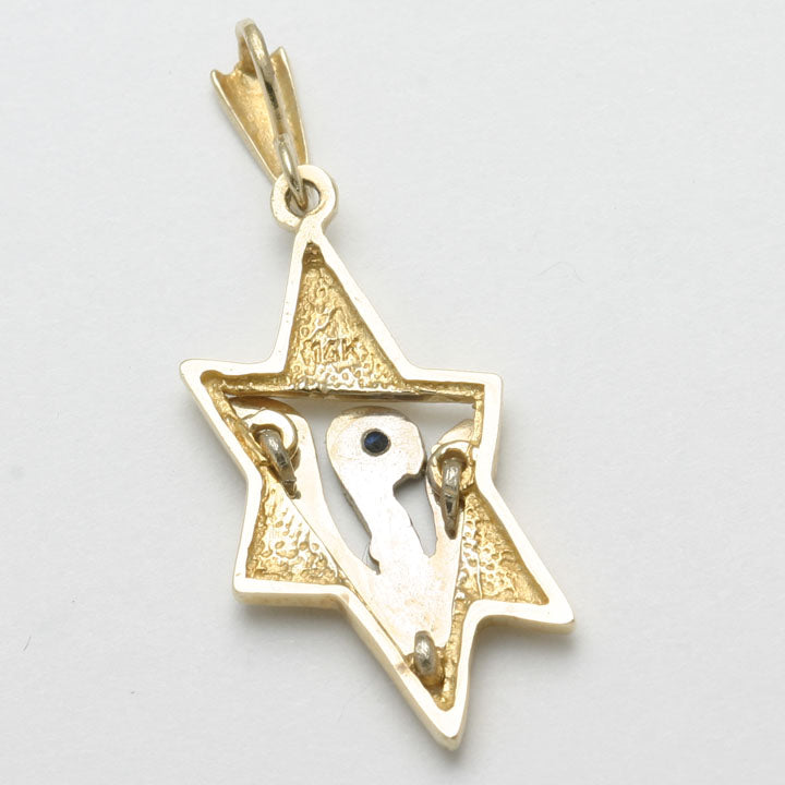 14k Yellow & White Gold Sapphire Jewish Star of David Pendant Dove - JewelryJudaica