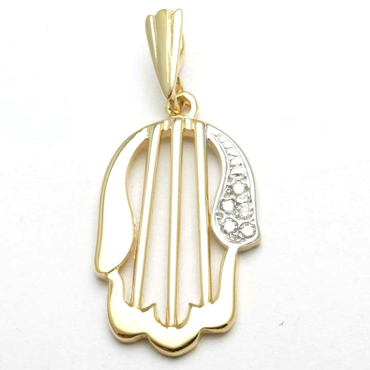 14k Yellow & White Gold Diamond Hamsa Pendant Modern - JewelryJudaica