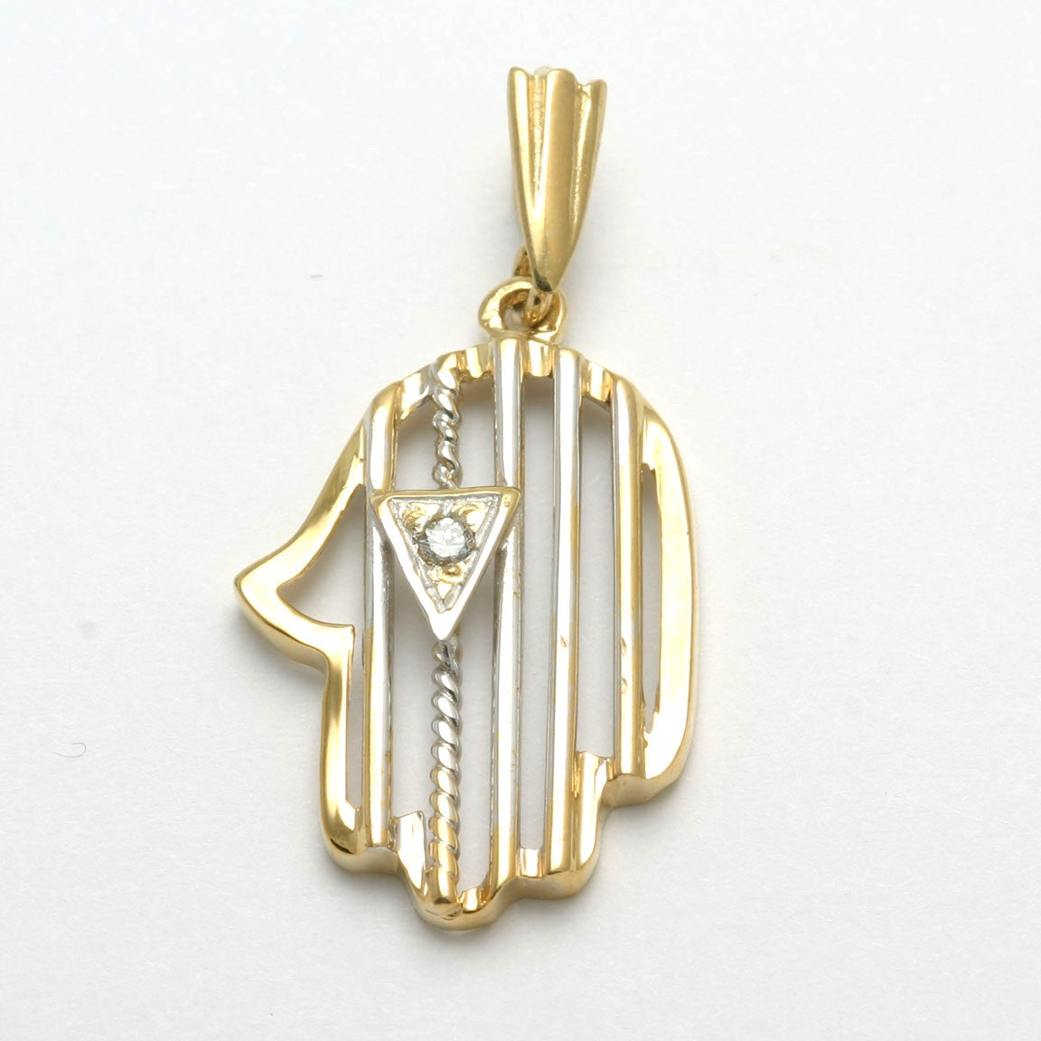 14K Yellow & White gold Hamsa Pendant Diamond Modern Hand - JewelryJudaica