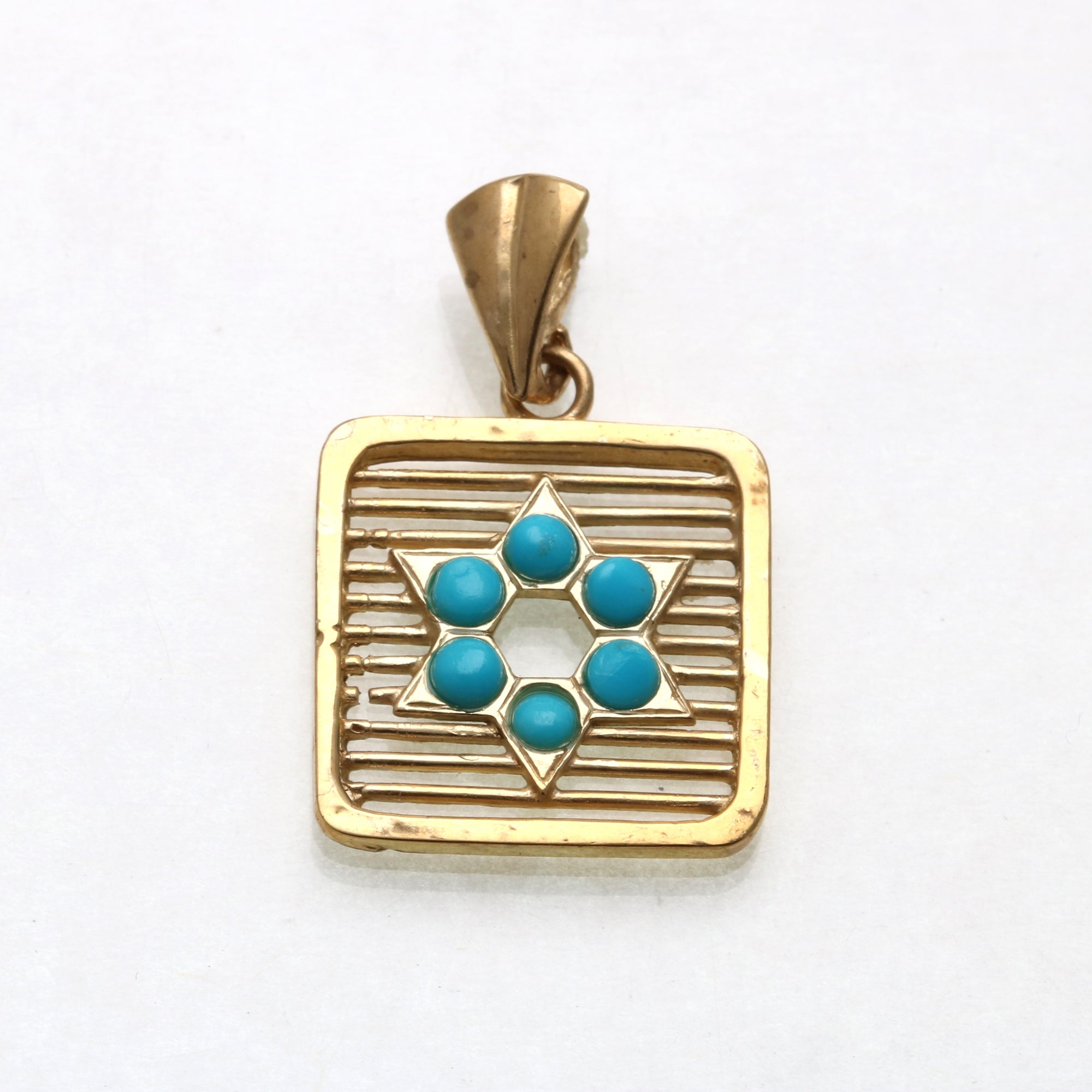 14k Yellow Gold Turquoise Star of David Square Pendant Stripes