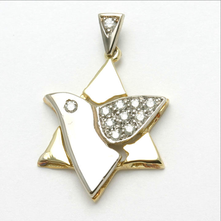 14k Yellow & White Gold Diamond Star of David Dove Pendant 1/3 Carat - JewelryJudaica