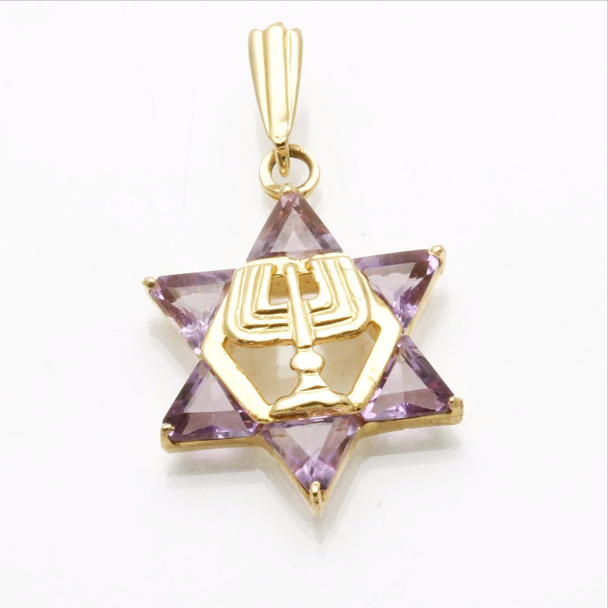 14k Yellow Gold Amethyst Star of David Menorah Pendant - JewelryJudaica