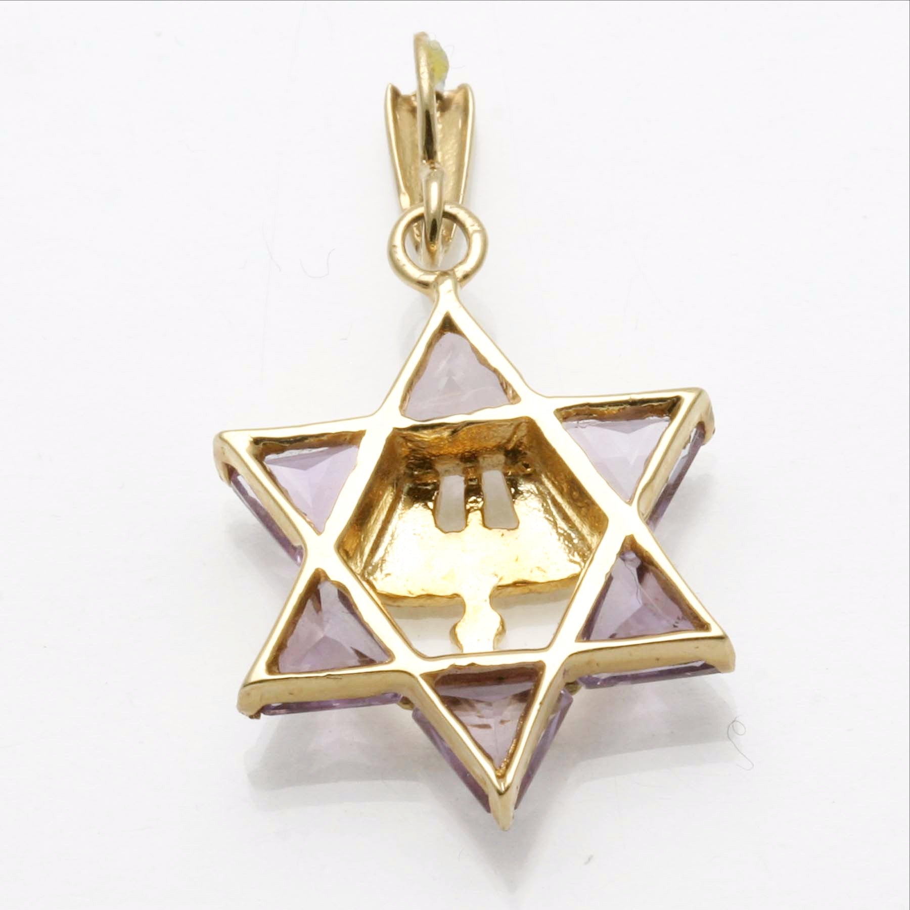 14k Yellow Gold Amethyst Star of David Menorah Pendant - JewelryJudaica