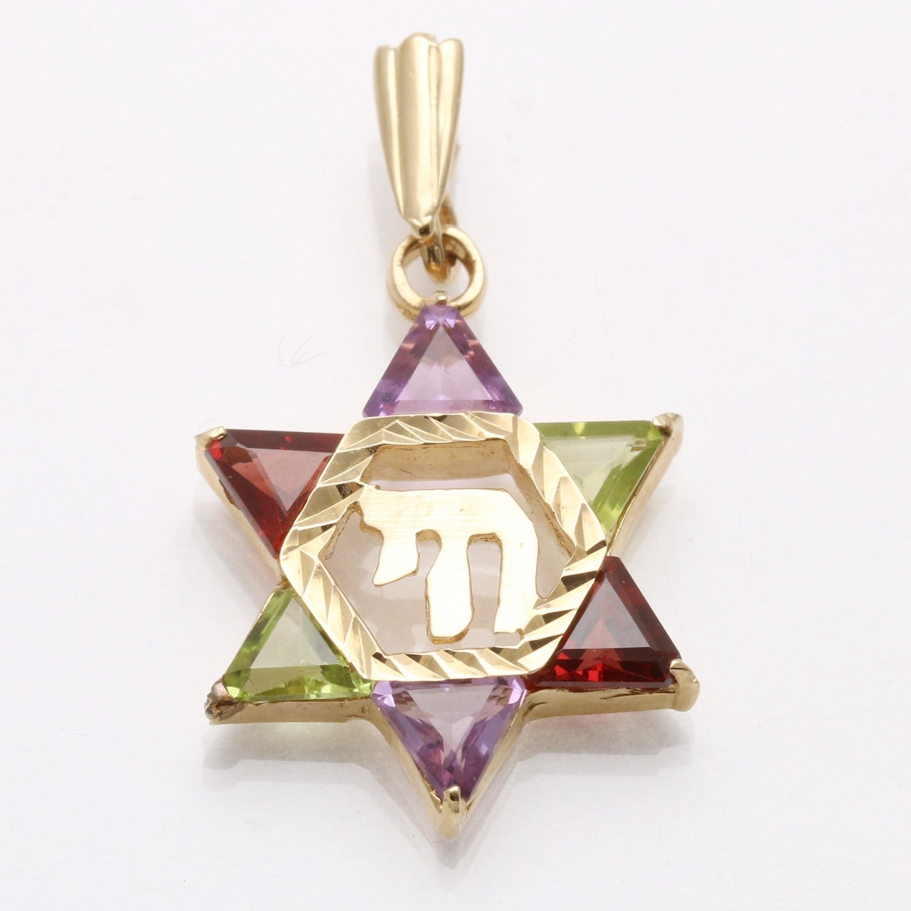 14k Yellow Gold Peridot Amethyst Garnet Jewish Star of David Chai Pendant - JewelryJudaica