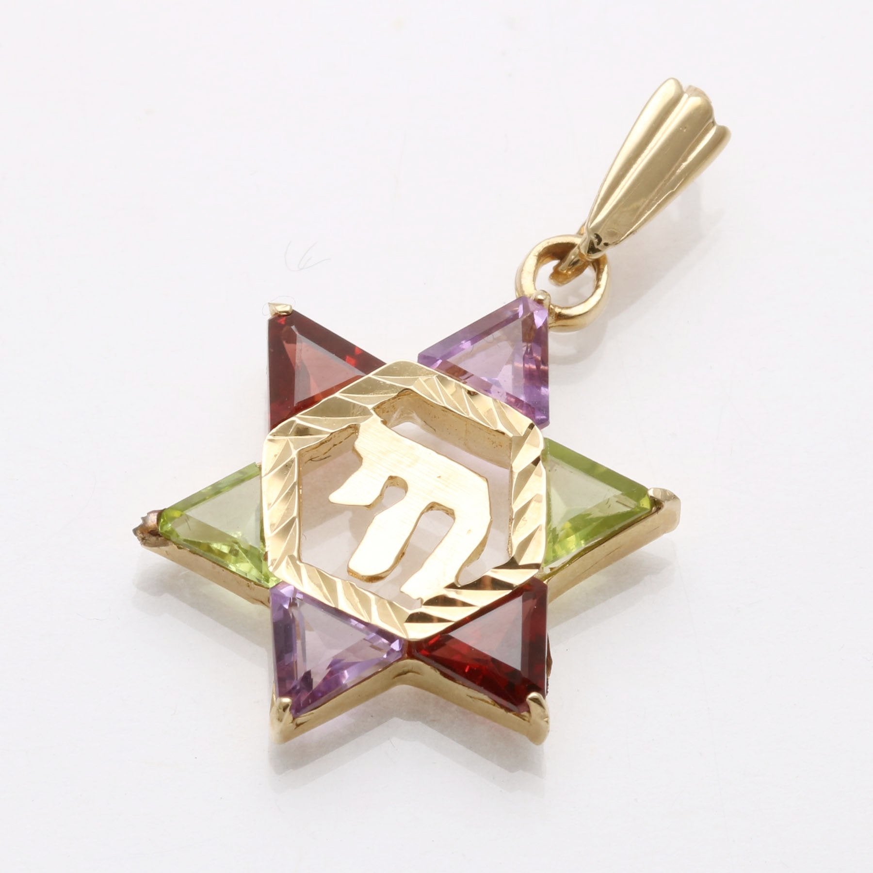 14k Yellow Gold Peridot Amethyst Garnet Jewish Star of David Chai Pendant - JewelryJudaica