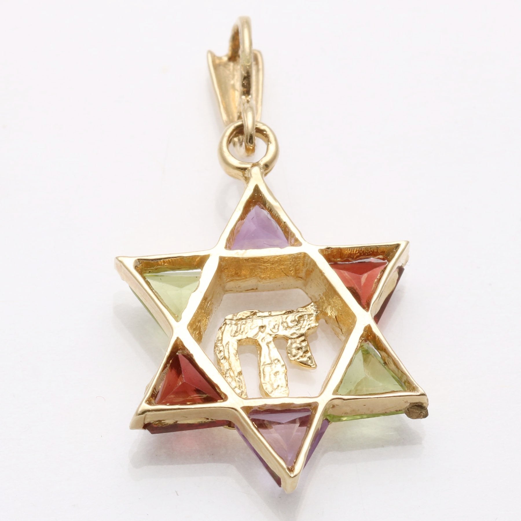 14k Yellow Gold Peridot Amethyst Garnet Jewish Star of David Chai Pendant - JewelryJudaica