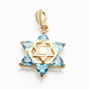 14k Yellow Gold Blue Topaz Double Jewish Star of David Pendant - JewelryJudaica