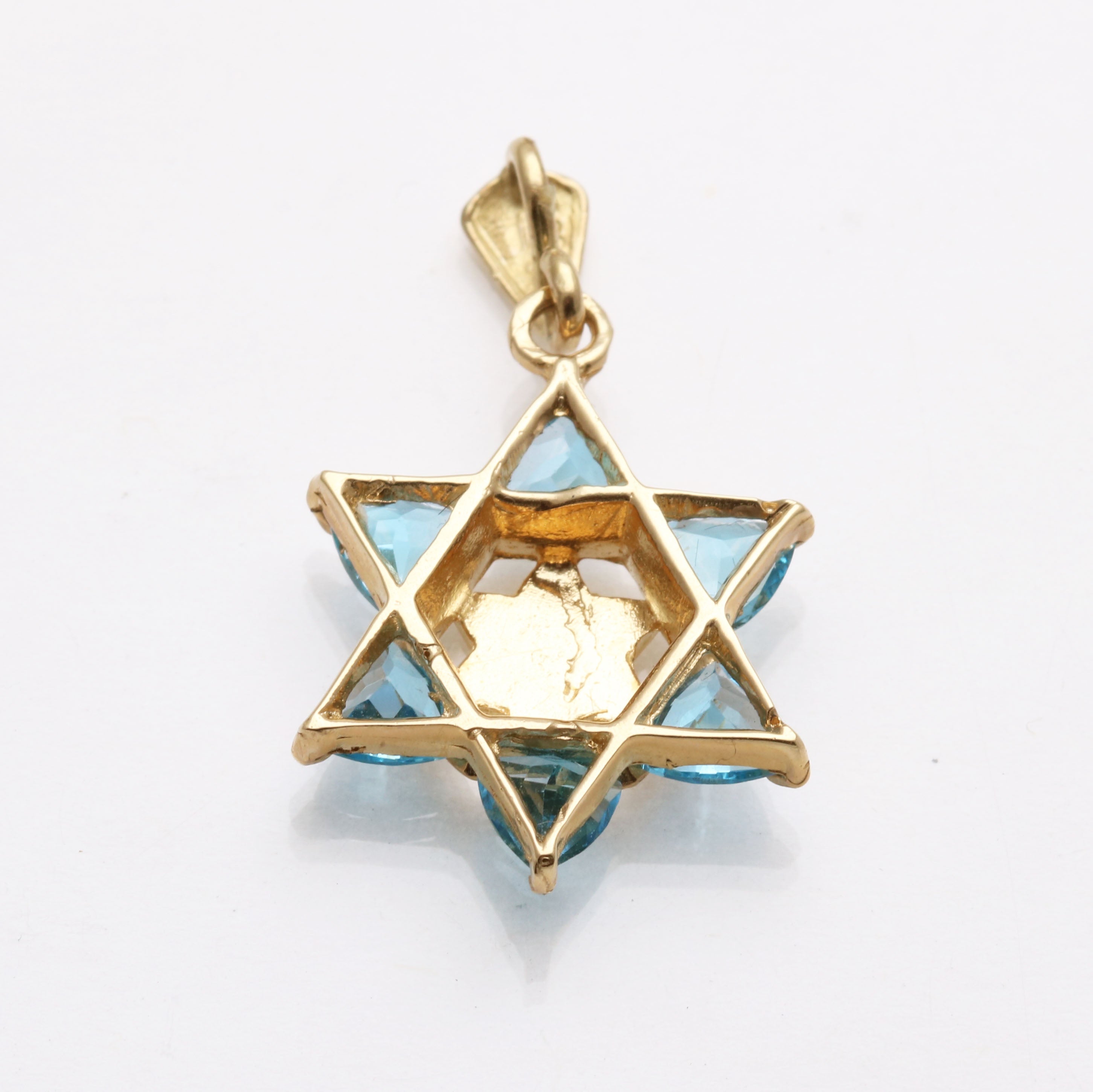 14k Yellow Gold Blue Topaz Double Jewish Star of David Pendant - JewelryJudaica