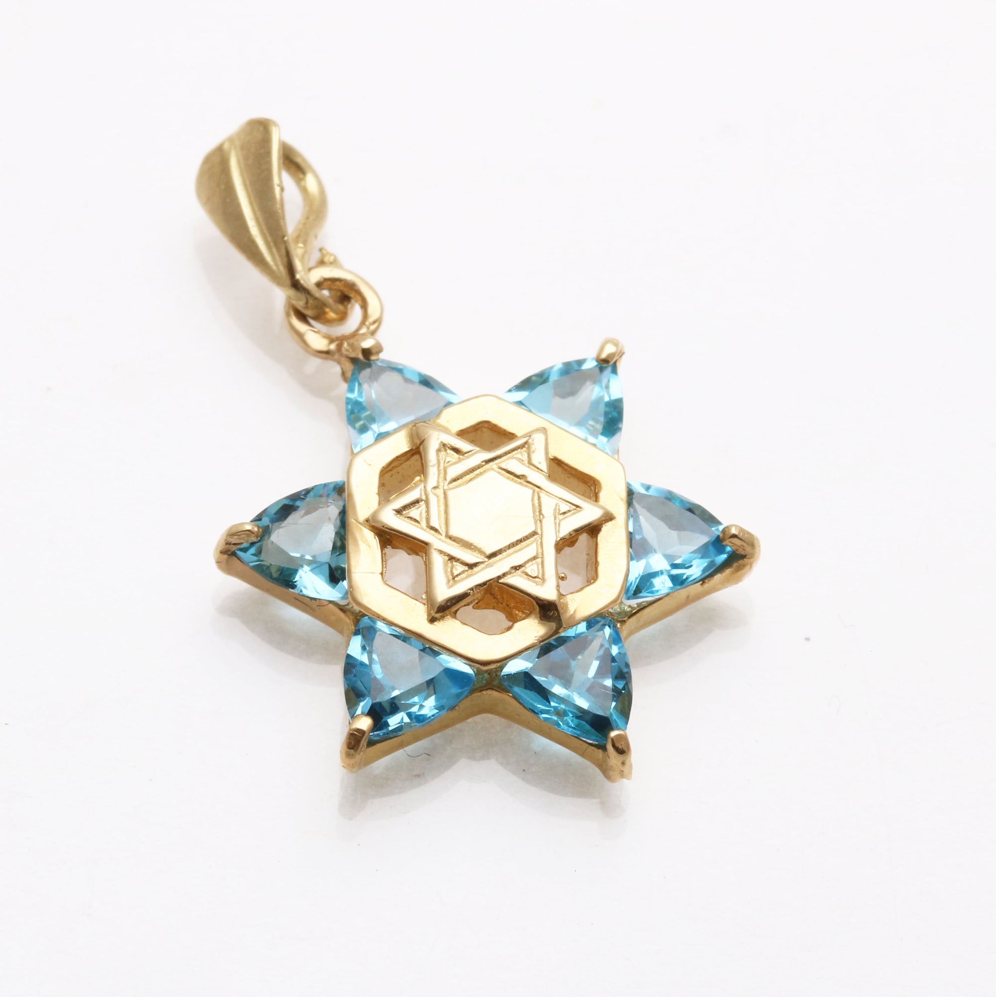 14k Yellow Gold Blue Topaz Double Jewish Star of David Pendant - JewelryJudaica