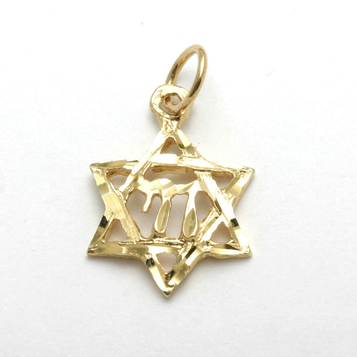 14k Yellow Gold Jewish Star of David Chai Pendant Diamond Cut - JewelryJudaica