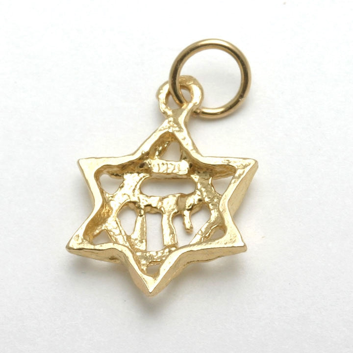 14k Yellow Gold Jewish Star of David Chai Pendant Diamond Cut - JewelryJudaica