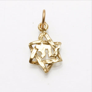 14k Yellow Gold Star of David Chai Pendant Small - JewelryJudaica