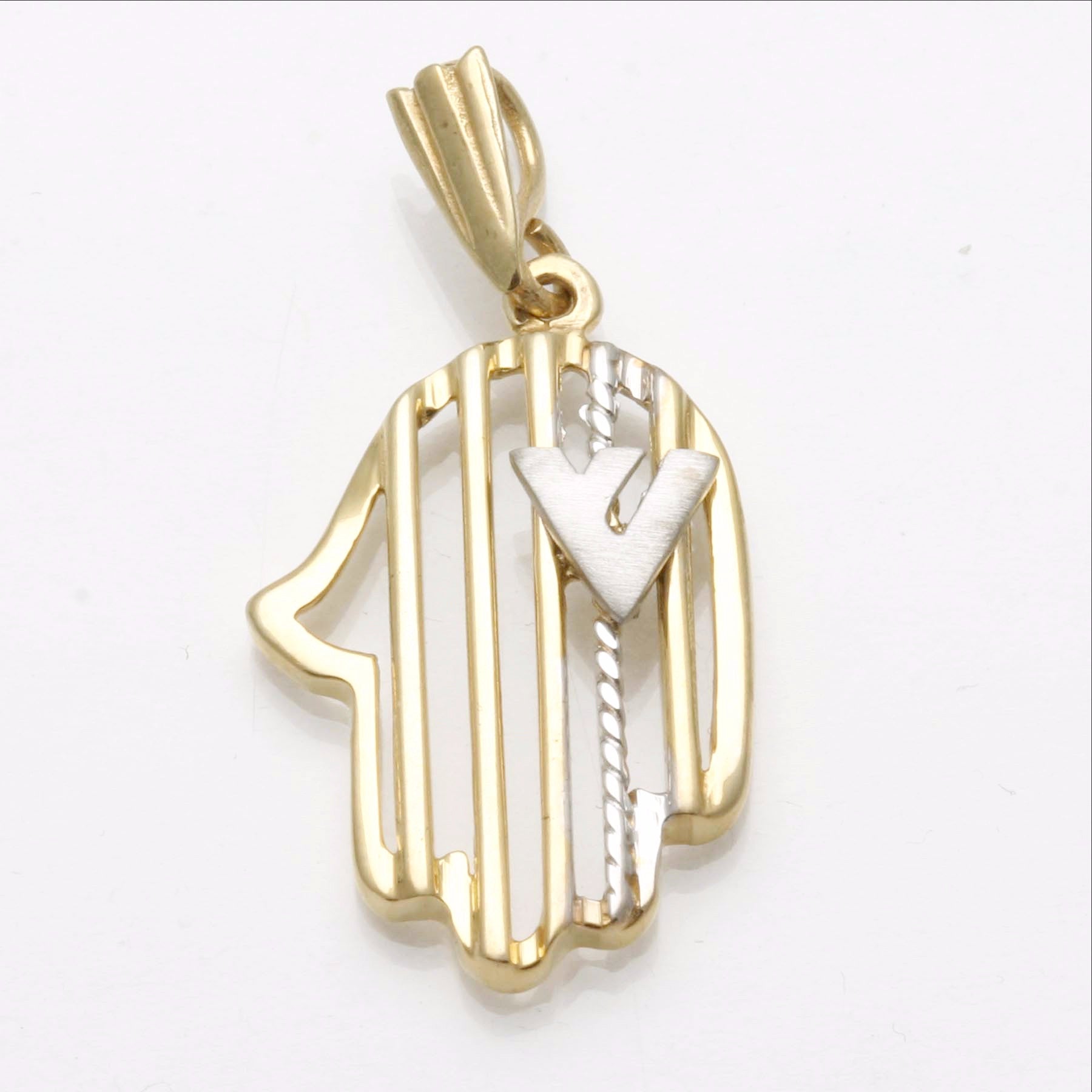 14k Yellow White Gold Hamsa Pendant Modern Shin - JewelryJudaica