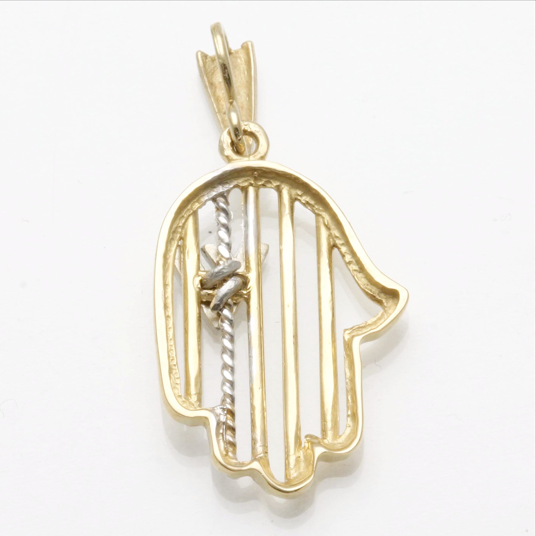 14k Yellow White Gold Hamsa Pendant Modern Shin - JewelryJudaica