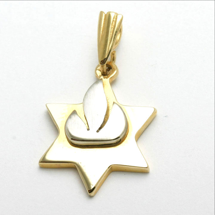 14k Yellow & White Gold Jewish Star of David Pendant Shin Flame - JewelryJudaica