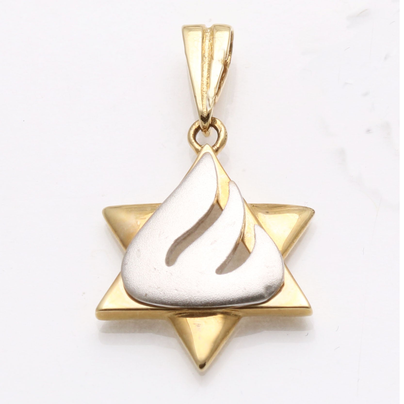14k Yellow & White Gold Jewish Star of David Pendant Shin Flame Matte - JewelryJudaica