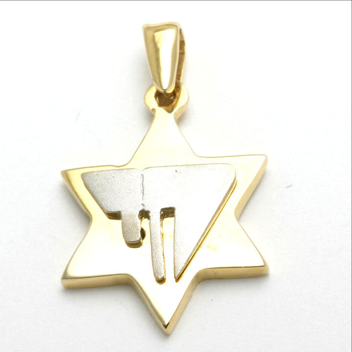 14k Yellow & White Gold Jewish Star of David Chai Pendant - JewelryJudaica