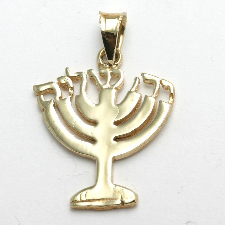 14k Yellow Gold Menorah Pendant Jerusalem - JewelryJudaica