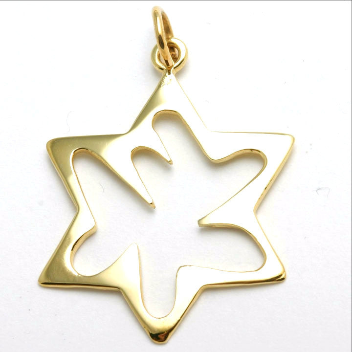 14k Yellow Gold Star of David with Abstract Chai Pendant - JewelryJudaica