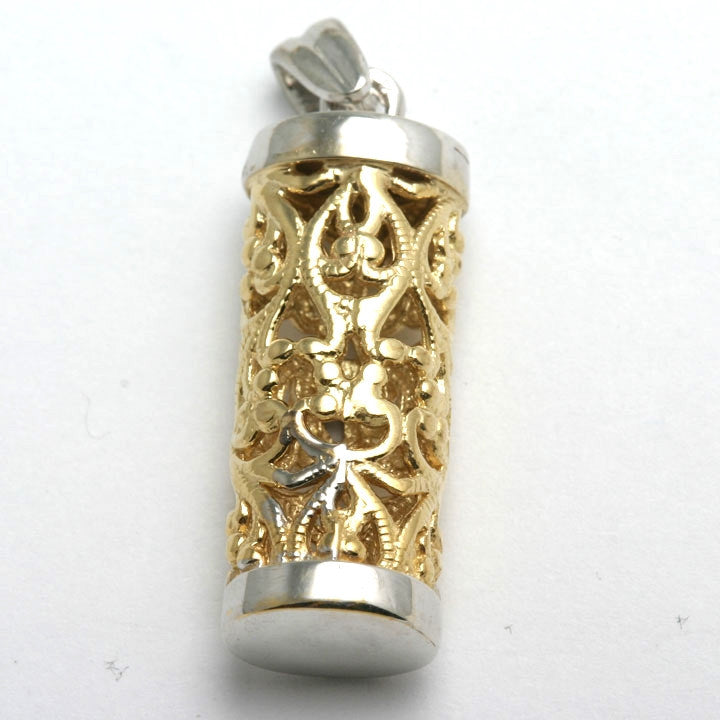 14k Yellow & White Gold Mezuzah Pendant Filigree - JewelryJudaica