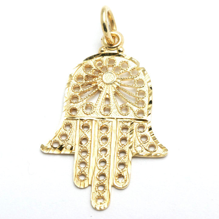 14k Yellow gold Hamsa Pendant Filigree - JewelryJudaica