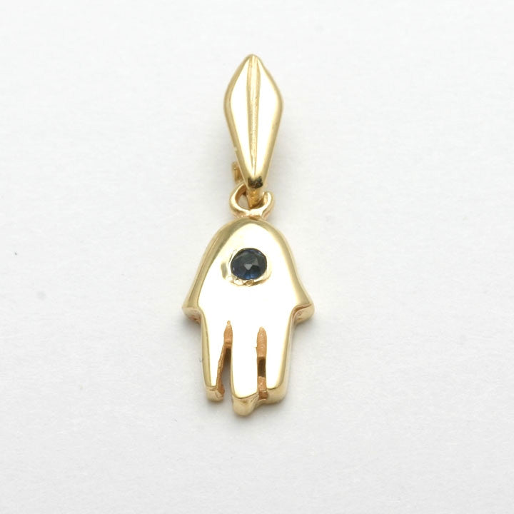 14k Yellow Hamsa Pendant Blue Sapphire Small - JewelryJudaica