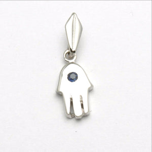14k White Hamsa Pendant Blue Sapphire Small - JewelryJudaica