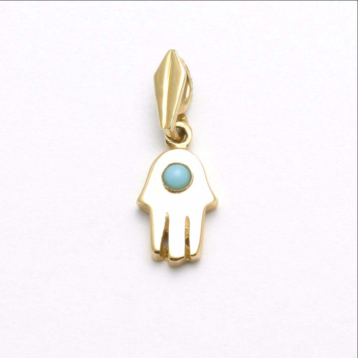 14k Yellow Gold Hamsa Turquoise Evil Eye Pendant Bezel Small - JewelryJudaica