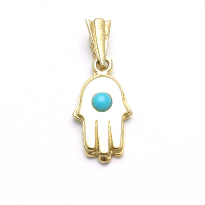14k Yellow Gold Hamsa Turquoise Evil Eye Pendant Bezel Set