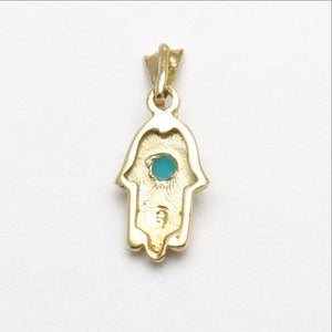 14k Yellow Gold Hamsa Turquoise Evil Eye Pendant Bezel Set - JewelryJudaica