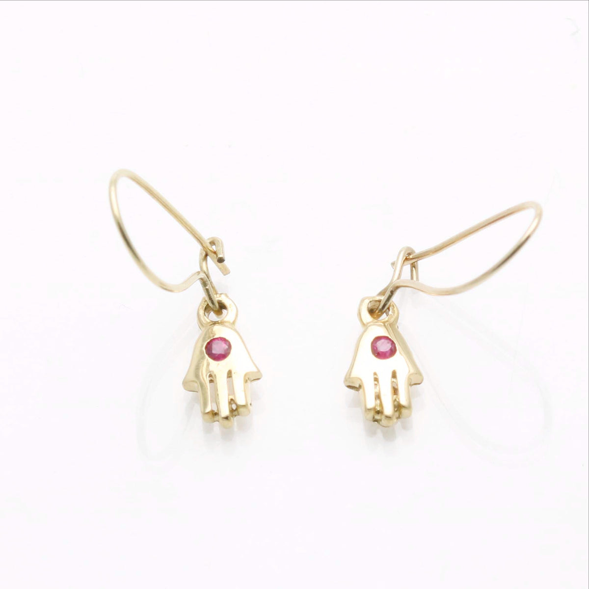 14k Yellow Gold Hamsa Red Ruby Dangle Earrings - JewelryJudaica