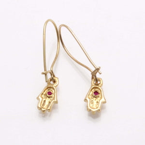 14k Yellow Gold Hamsa Red Ruby Dangle Earrings - JewelryJudaica