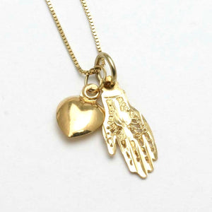 14k Yellow Gold Hamsa Filigree Heart Charm Necklace - JewelryJudaica