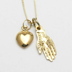 14k Yellow Gold Hamsa Filigree Heart Charm Necklace - JewelryJudaica