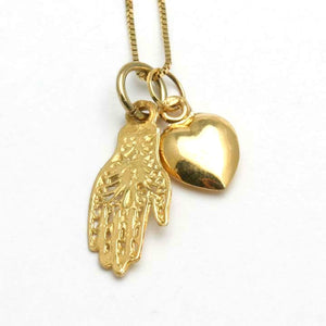 14k Yellow Gold Hamsa Filigree Heart Charm Necklace - JewelryJudaica