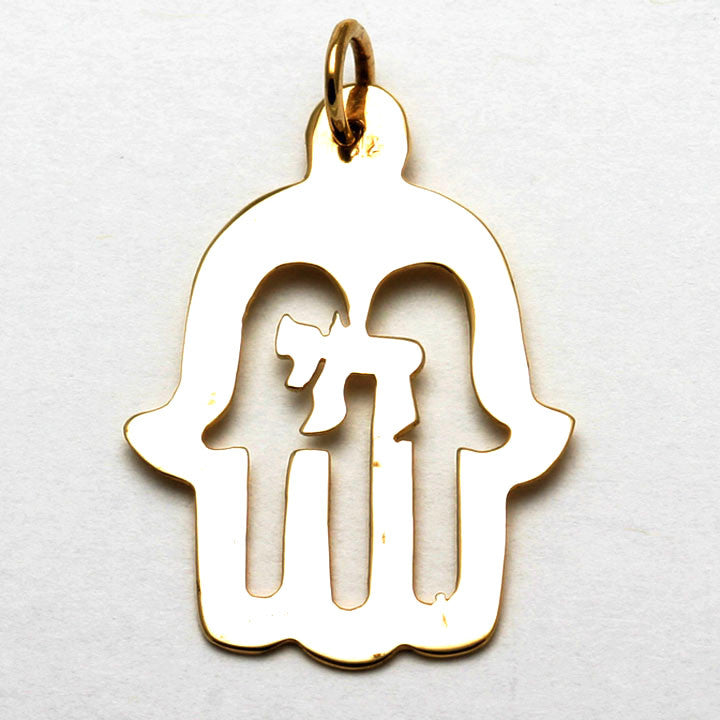 14k Yellow gold Hamsa Chai Pendant - JewelryJudaica