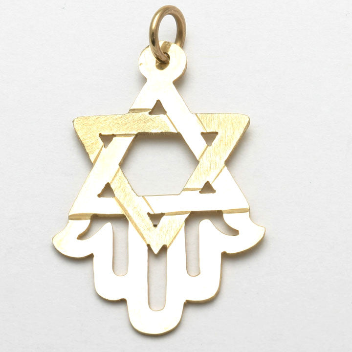 14k Yellow Gold Hamsa Star of David Pendant Large - JewelryJudaica