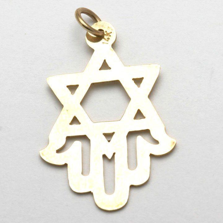 14k Yellow Gold Hamsa Star of David Pendant Large - JewelryJudaica