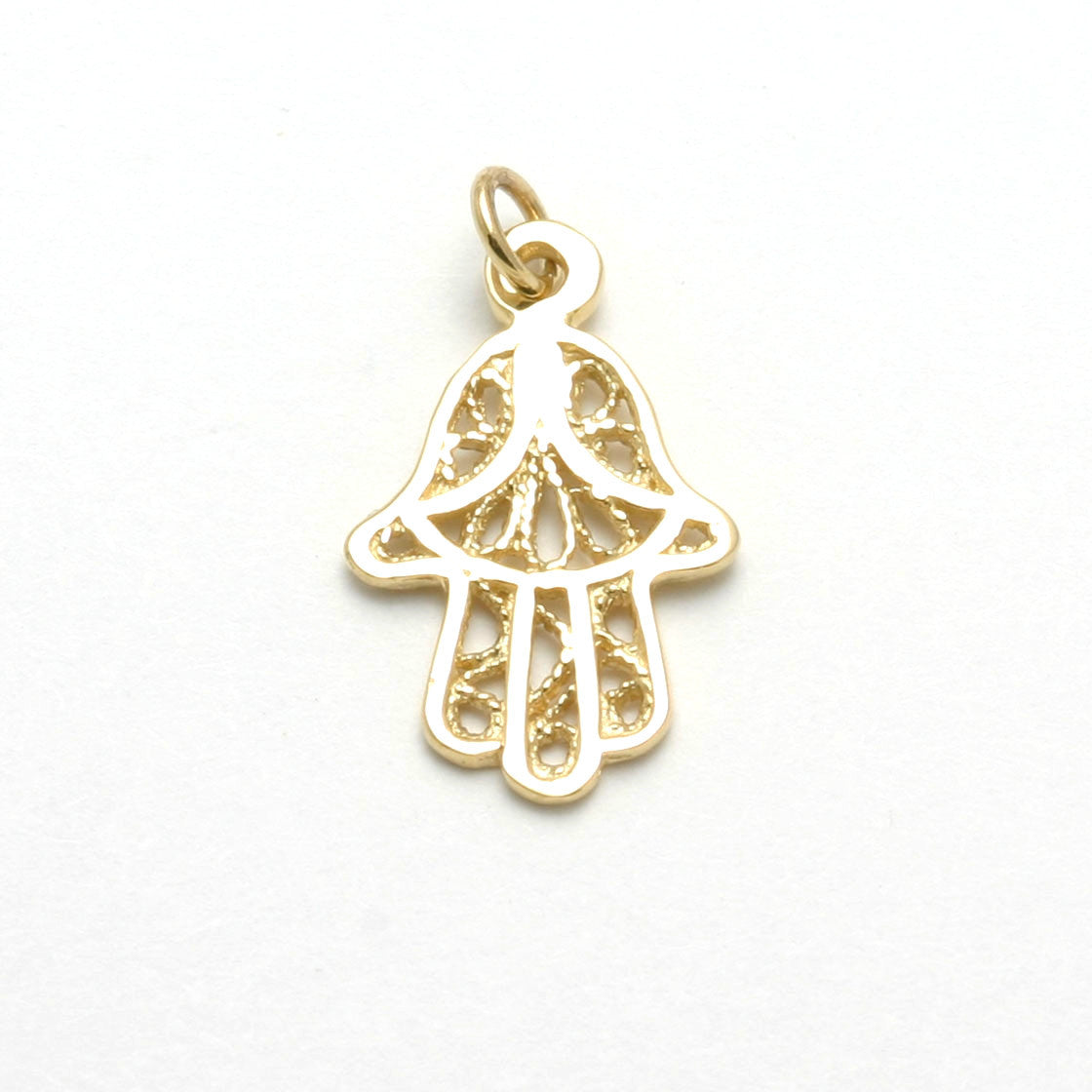 14k Yellow Gold Filigree Hamsa Pendant Hand - JewelryJudaica