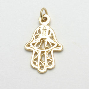 14k Yellow Gold Filigree Hamsa Pendant Hand - JewelryJudaica