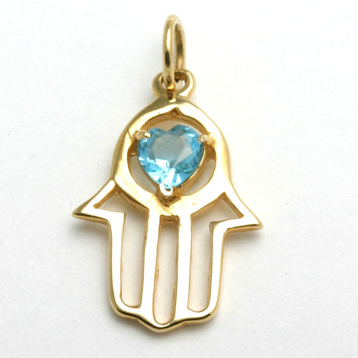 14k Yellow Gold Hamsa Blue Topaz Heart Pendant - JewelryJudaica