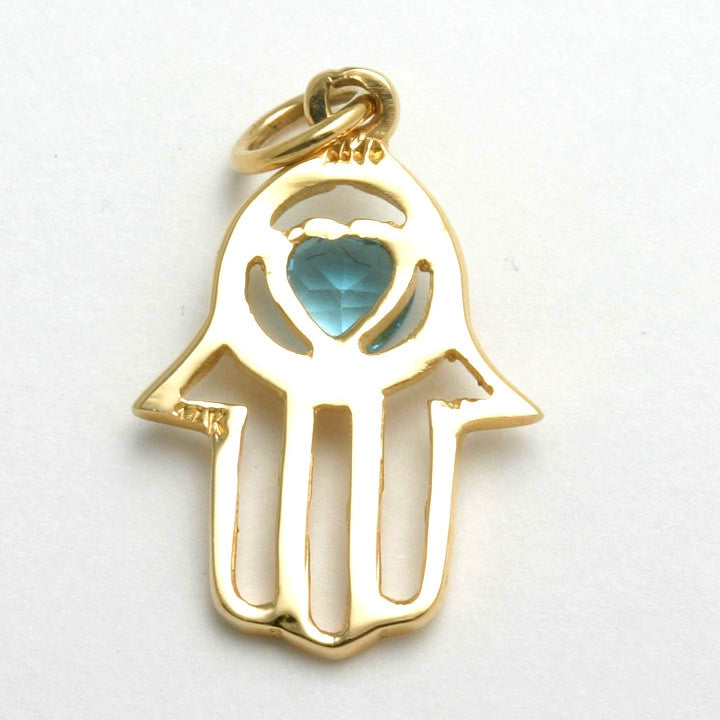 14k Yellow Gold Hamsa Blue Topaz Heart Pendant - JewelryJudaica