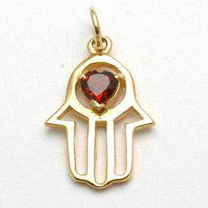 14k Yellow Gold Hamsa Red Garnet Heart Pendant - JewelryJudaica